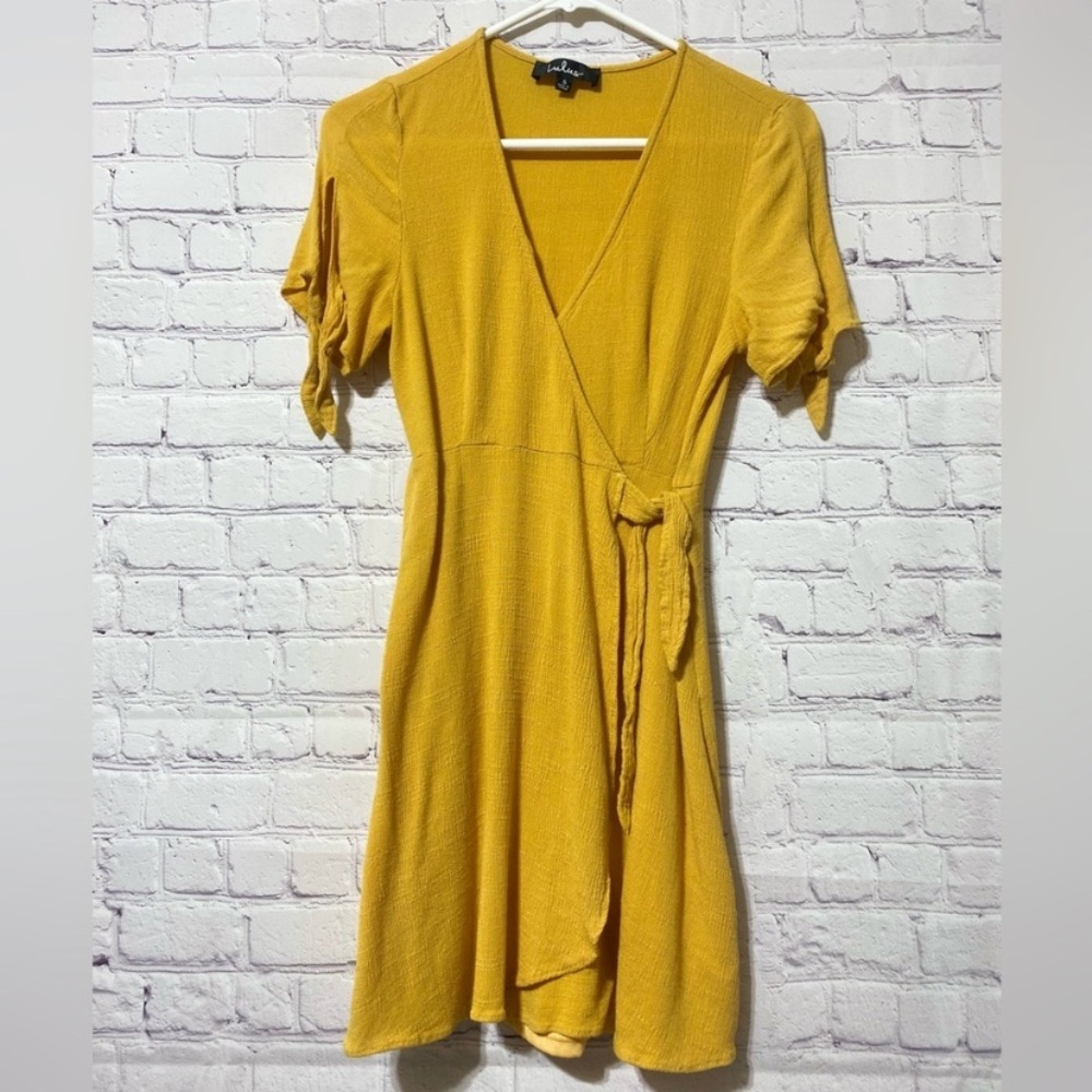 Lulu's Mustard Yellow Mini Wrap Dress